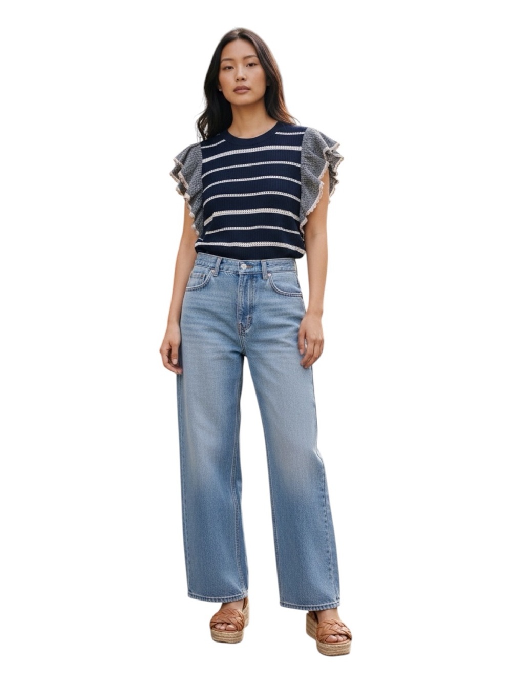 Veronica Beard Paz Linen and Cotton Navy and White Striped Knit Top